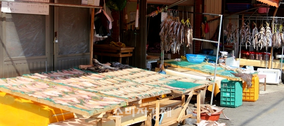 부지런한 상인의 가게에서 배갈린 생선들이 봄 햇살에 몸을 말리고 있다.