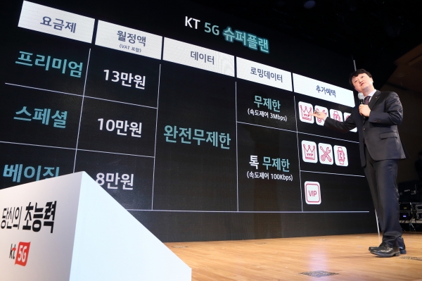 박현진 KT 5G사업본부장 상무가 업계 최초의 5G 데이터완전무제한 요금제 ‘슈퍼플랜 3종’을 소개하고 있다.