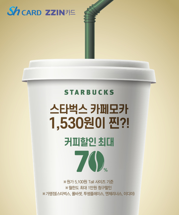  ZZIN(찐)카드로 스타벅스, 폴바셋, 투썸플레이스, 엔젤리너스, 이디야 등에서 최대 70% 청구할인 혜택을 통해 1500원대에 커피 한잔을 즐길 수 있다. 사진=SH수협은행