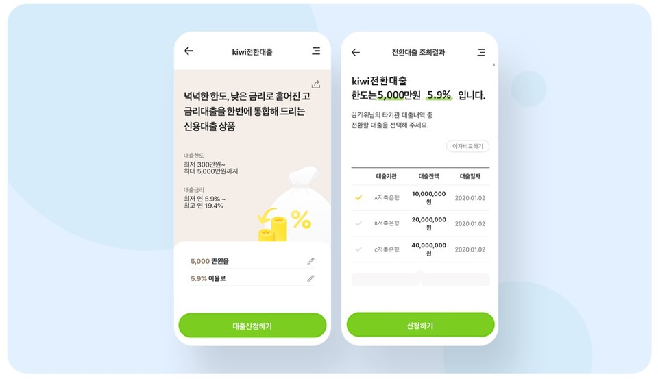 kiwi전환대출 앱 신청화면 이미지. 사진=KB저축은행