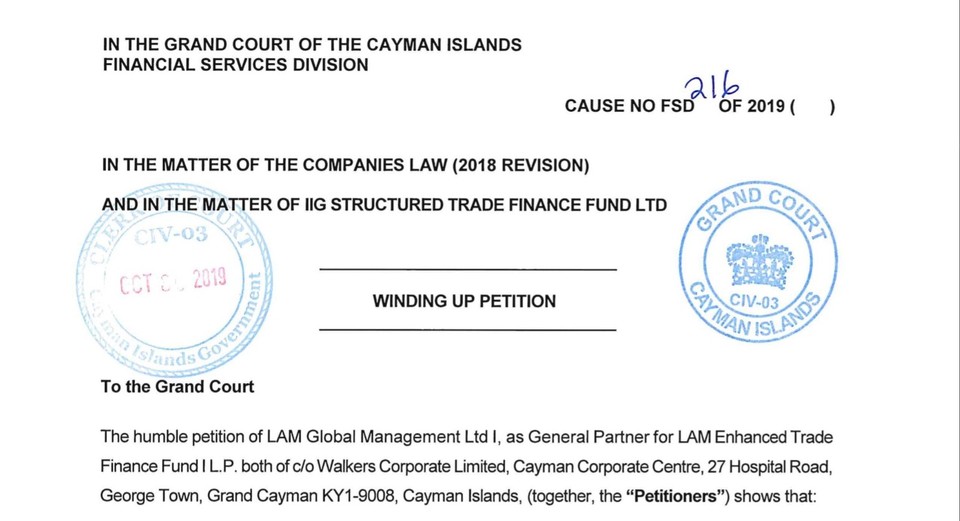 라임자산운용 특수목적법인 LAM(Lime Asset Management) Global Management Ltd는 2019년 10월 30일 케이만 군도 대법원에 IIG 해외 무역금융펀드(STFF) 청산 신청서를 제출했다. 이상준 기자