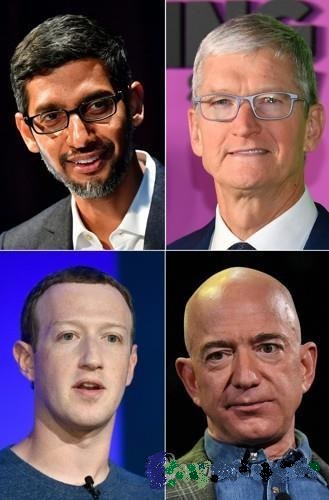 왼쪽 위부터 시계 방향으로 구글 CEO 순다르 피차이, 애플 CEO 팀 쿡, 아마존 CEO 제프 베이조스, 페이스북 CEO 마크 저커버그. AFP=연합뉴스