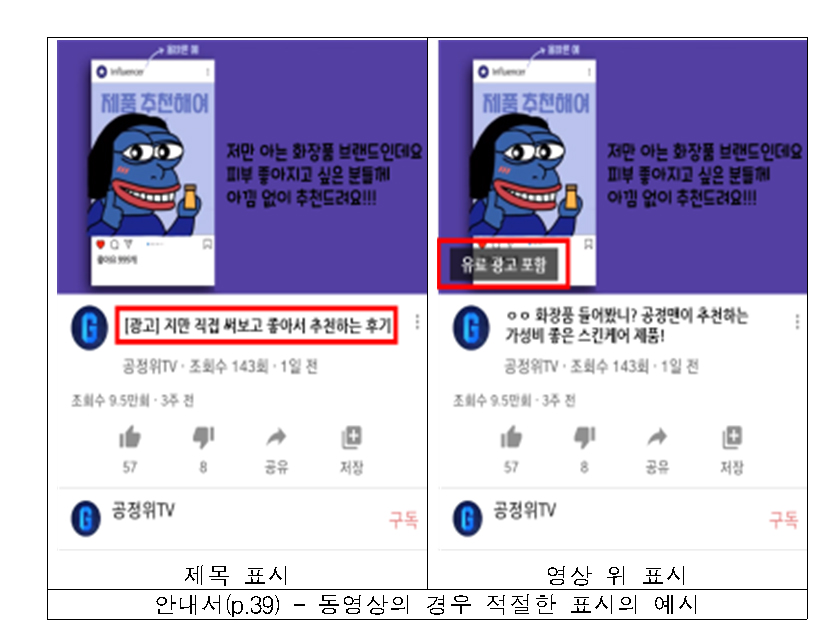 동영상의 경우 적절한 표시의 예. 자료 공정위