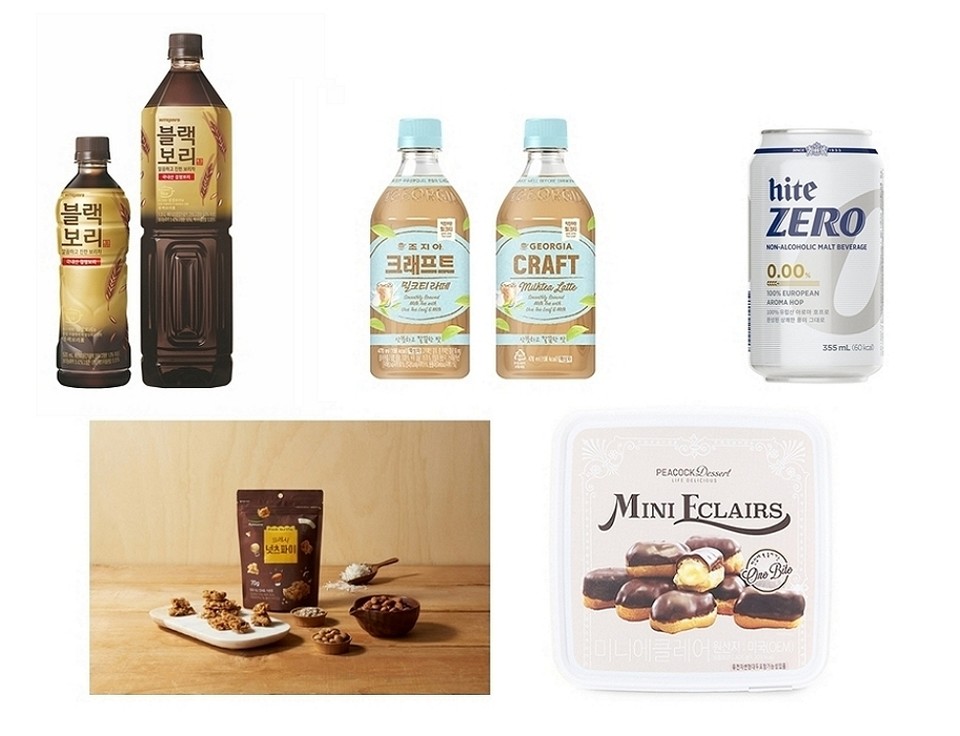 코로나19로 인해 집콕족이 늘면서 식음료 업계는 집에서 책을 읽으며 즐기기 좋은 각종 음료와 간식을 앞다퉈 선보이고 있다. (왼쪽 위부터 시계방향 순)하이트진로음료 ‘블랙보리’, 조지아 ‘크래프트 밀크티라떼’, 하이트진로음료 ‘하이트제로0.00’, 이마트 피코크 ‘미니 에끌레어’, 풀무원녹즙 ‘프레시 넛츠파이 사진=하이트진로음료