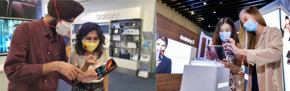 삼성전자는 전세계 각 국가의 현지 상황에 따라 철저한 방역 시스템을 갖추고 출시 행사를 진행하거나 체험 매장을 운영하고 있다. 인도(좌)와 싱가포르(우)의 체험매장에서 고객들이 ‘갤럭시Z폴드2’를 체험하고 있다. 사진=삼성전자