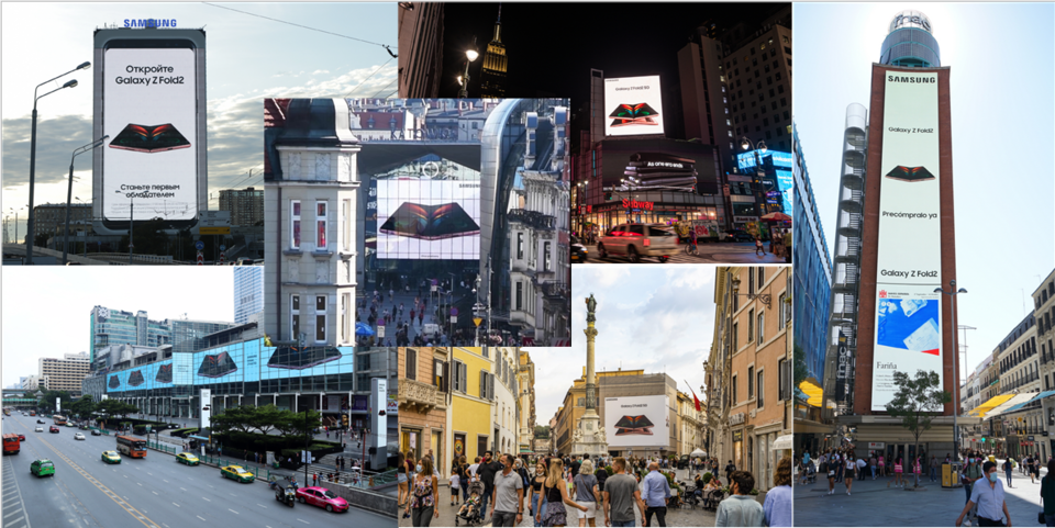 삼성전자 ‘갤럭시 Z 폴드2’ 의 글로벌 옥외광고. 좌부터 시계방향으로 러시아 모스크바, 미국 뉴욕, 스페인 마드리드, 이탈리아 로마, 태국 방콩, 가운데는 폴란드 카토비체 사진=삼성전자