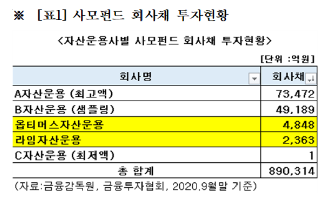 자산운용사별 사모펀드 회사채 투자현황. 자료=이정문 의원실
