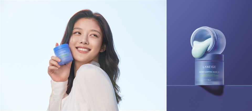 라네즈가 새롭게 선보이는 워터 슬리핑 마스크 EX는 외부자극으로 손상 받고 흐트러진 피부 균형을 바로잡아 주는 ‘슬리핑 마이크로바이옴™’기술을 적용한 제품이다. 사진=아모레퍼시픽