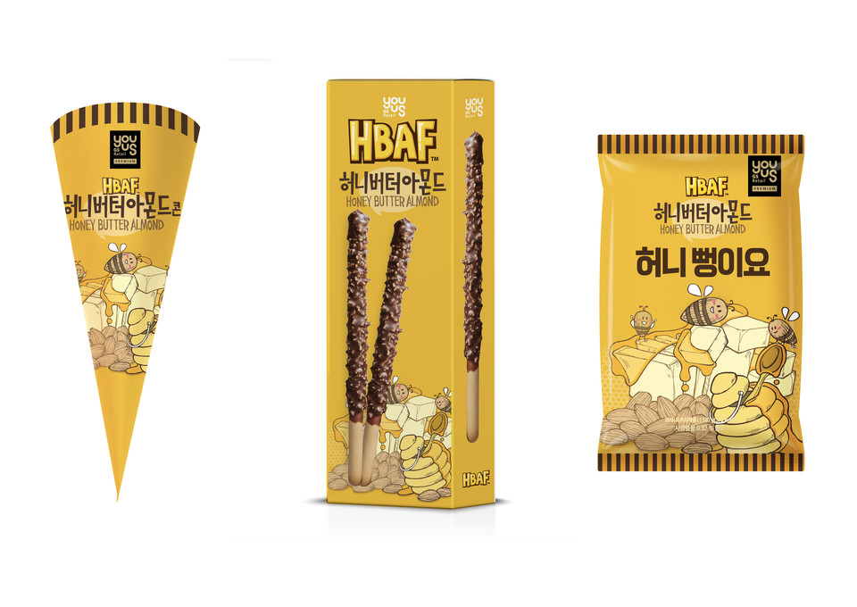 GS리테일이 대한민국 대표 견과류 기업 길림양행(HBAF)과 협력해 생산하게될 제품들. GS25에서 출시 예정인 허니버터아몬드콘, 허니버터아몬드 빼빼로, 허니 뻥이요 상품 이미지 사진=GS리테일