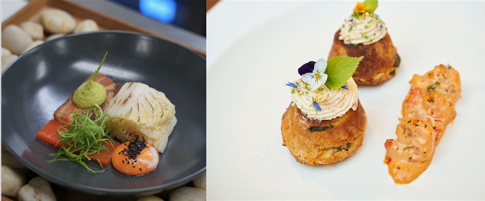 영국 종가집 김치 블라스트 요리대회 1등 우승작 ‘백김치를 곁들인 구운 돼지고기 요리’(좌)와 프랑스 종가집 김치 블라스트 요리대회 1등 우승작인 ‘김치 케이크’ [사진=대상(주)]