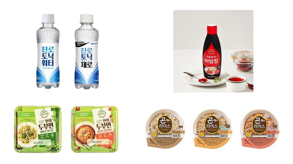겨울철을 맞아 일상에서 틈새 칼로리 줄일 수 있는 식음료가 주목받고 있다. (왼쪽 위부터 시계방향순) 하이트진로음료의 ‘진로토닉워터’·‘진로토닉워터 제로’, 동원홈푸드의 ‘비비드키친 저칼로리 비빔장’, 오뚜기 ‘오뮤 곤라이스’ 3종, 풀무원식품 ‘한끼두부면’ 2종 [사진=하이트진로음료]