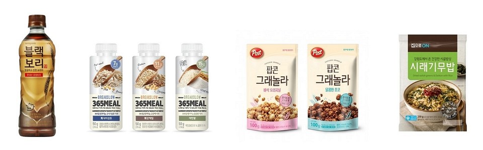 정월대보름을 앞두고 곡물·견과류를 원료로 한 음료부터 나물밥 간편식 등이 주목받고 있다. (왼쪽부터)하이트진로음료 ‘블랙보리’·현대약품 ‘365MEAL’ 3종·동서식품 ‘포스트 팝콘 그래놀라’ 2종·대상 집으로ON ‘시래기무밥’ [사진=하이트진로음료]