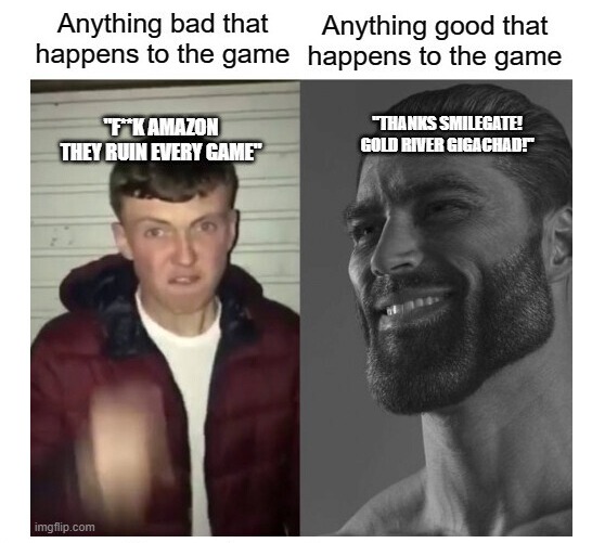 로스트아크의 현재 평가를 단적으로 보여주는 밈(MEME). 왼쪽의 사진은 배급해온 게임을 엉망으로 관리하는 아마존에 불만을 표시하고 있고, 오른쪽은 스마일게이트에 대한 감사와 함께 금강선 디렉터를 칭찬하고 있다. [사진=로스트아크 레딧]