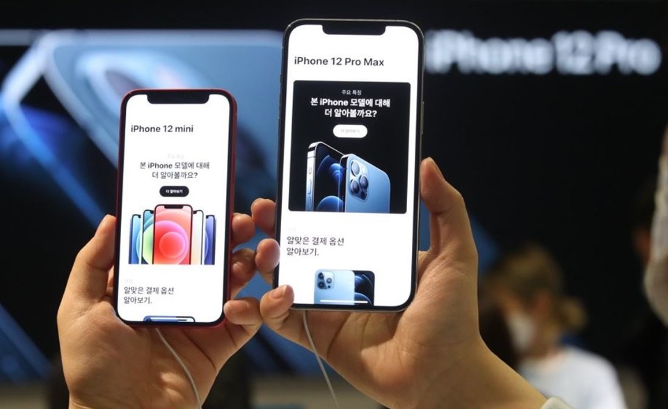 아이폰 12 미니(왼쪽)와 아이폰12 프로맥스 [사진=연합뉴스]
