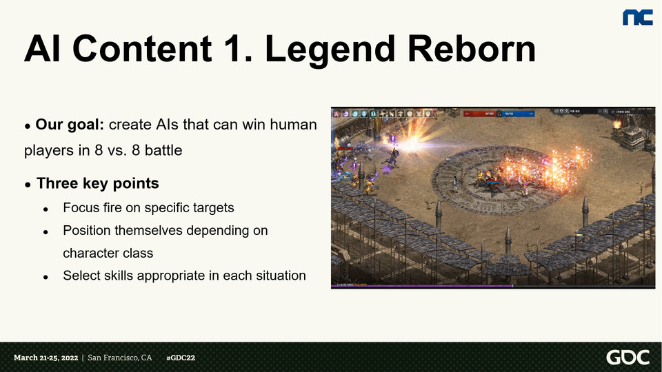 엔씨소프트는 GDC 2022에서 리니지에 대규모 강화학습 AI를 적용한 모델을 발표했다.