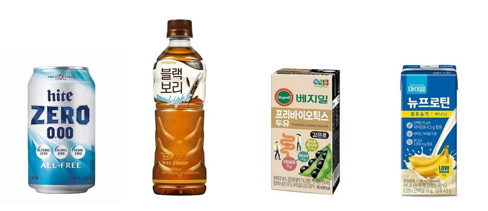 당 수치에 민감한 소비자가 늘어나면서 무당·저당류 음료가 인기를 얻고 있다. 왼쪽부터 하이트진로음료의 ‘하이트제로0.00’·‘블랙보리 라이트’, 정식품의 ‘베지밀 프리바이오틱스 두유’, 대상웰라이프의 ‘마이밀 마시는 뉴프로틴 바나나’ [사진=하이트진로음료]