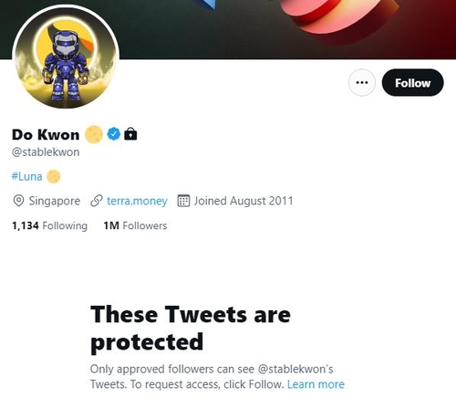 비공개로 전환된 권도형 테라폽랩스 대표 트위터. [사진=트위터]