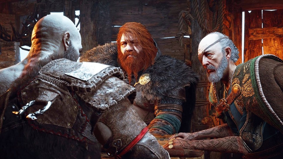 토르(가운데)와 오딘(오른쪽)의 관계는 어딘지 모르게 크레토스-제우스 부자와 많이 닮아있다. [사진=갓 오브 워: 라그나로크 게임 화면 캡쳐]