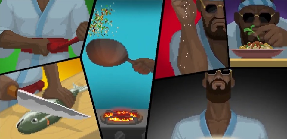 반쵸의 요리 연출 장면 중 하나. 혼이 담긴 도트는 즐거움을 부르는 법. [사진=데이브 더 다이버 인게임 캡쳐]