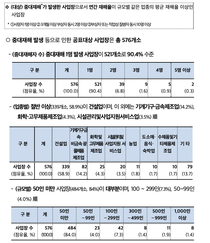 세부 기준별 공표 사업장 주요 현황 [자료=고용노동부]
