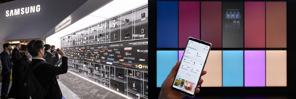 삼성전자(왼쪽)는 현재 시장에 출시된 140억개에 달하는 다양한 커넥티드 기기들을 원활하게 연결해 사람들의 일상과 지구 환경을 위해 많은 변화를 이루어 낼 수 있는 기술 비전을 소개했다. LG전자는 HCA 무드업(오른쪽)을 소개해 인기를 모았다.  [사진=삼성전자· LG전자]