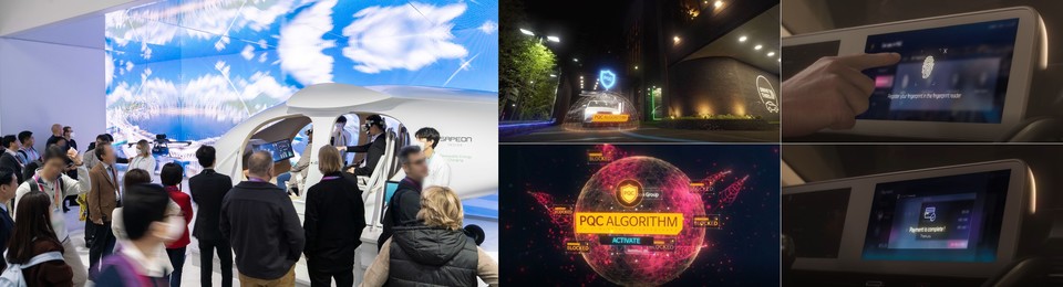 SK텔레콤(사진 왼쪽)은 실감나는 K-UAM(한국형 도심항공교통) 가상 체험 프로그램으로 참관인 눈길을 끌었다. CES 2023 전시부스에서 소개한 PQC '카페이' 서비스 영상 중 발췌본(오른쪽) [사진=SK텔레콤·LG U+]