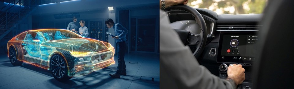 미국 현지 행사장 마이크로소프트 부스(왼쪽)에서는 마이크로소프트 고객 및 파트너사가 메타버스, 자율주행, 소프트웨어 기반 자동차 등에서 혁신을 주도할 수 있도록 지원하는 자사 기술을 볼 수 있다. 마이크로소프트 팀즈가 내장된 링크앤코(Lynk & Co) 01 모델 차량 인포테인먼트 시스템(오른쪽) [사진=마이크로소프트]