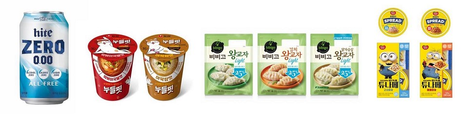 건강을 위한올프리 음료 및 저칼로리 착한야식이 주목받고 있다. 왼쪽부터 하이트진로음료 ‘하이트제로0.00’, 농심 ‘누들핏’ 2종, CJ제일제당 ‘비비고 왕교자 Light’ 3종, 동원F&B ‘동원참치 스프레드’2종, ‘동원참치 튜나페’ [사진=하이트진로음료]