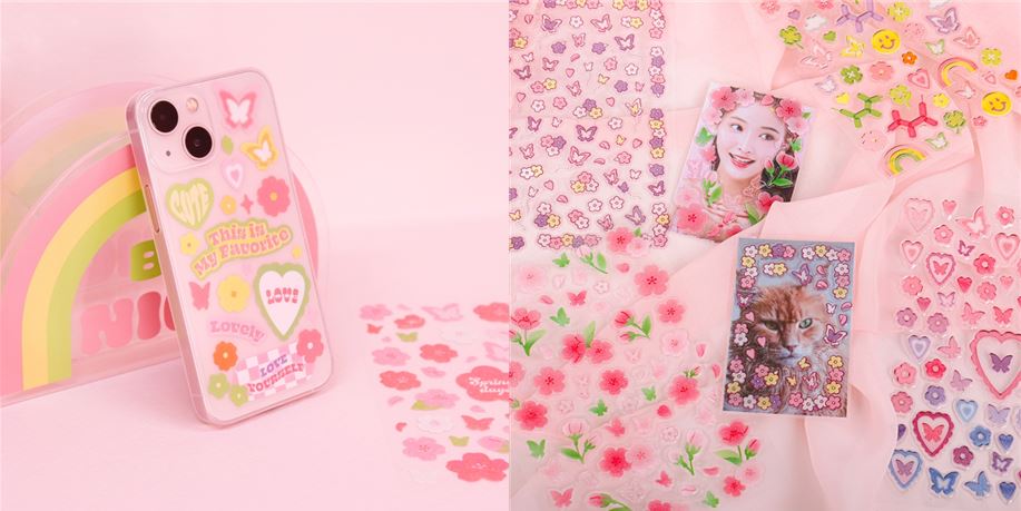 ‘봄봄 핸드폰 꾸미기 스티커’ 세트와 ‘봄봄 에폭시 스티커’ [사진=아성다이소]