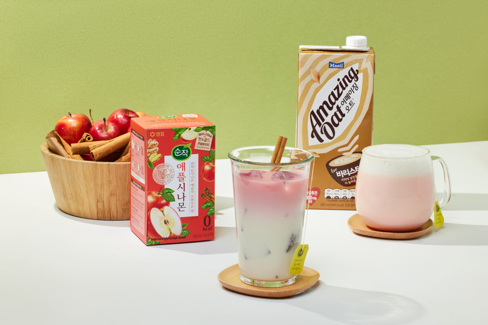 매일유업과 샘표가 손을 잡고 출시한 ‘순작 애플시나몬 어메이징 오트 밀크티 키트’. 키트 구성품 중 '어메이징 오트'는 매일유업이 대체유 시장에 내놓은 귀리유다. [사진=샘표] 
