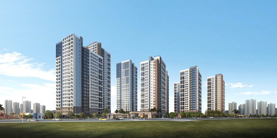 4월 인천의 공공지원 민간임대 아파트로 공급예정인 우미건설의 ‘검단신도시 우미린 리버포레’ 주경투시도 [사진=우미건설]