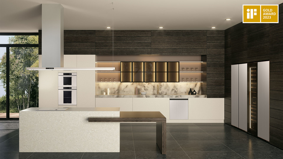 삼성전자 ‘비스포크 인피니트 라인’이 ‘iF 디자인 어워드 2023’에서 80개 상을 획득해 지난해에 이어 역대 최다 수상 기록을 이어갔다. 사진은 냉장고·와인셀러·오븐·후드로 구성된 주방가전 조합으로 알루미늄·스테인리스·세라믹 등 차별화된 소재를 적용한 비스포크 인피니트 라인이 적용된 주방의 모습이다. [사진=삼성전자]