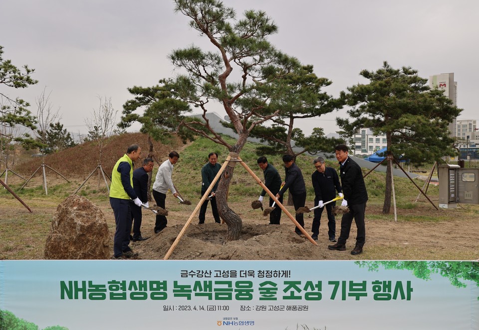 지난 14일 강원 고성군 해풍공원에서 열린 NH농협생명 푸른 숲 기부행사에서 함명준 강원 고성 군수(오른쪽 첫번째), 김명식 토성농협 조합장(오른쪽 네번째), NH농협생명 박병희 부사장(왼쪽 첫번째)과 임직원들이 나무를 심고 있다. [사진=NH농협생명] 