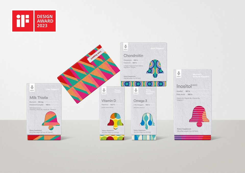 종근당건강의 패키지 아이덴티티 디자인(PKG Identity Design) 프로젝트가 ‘2023 iF(International Forum) 디자인 어워드’ 건강기능식품 부문에서 단독 수상을 차지했다. [사진=종근당]