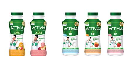 [(왼쪽부터) 풀무원다논 액티비아 프로바이오틱 스무디 2종, 액티비아UP! 3종]