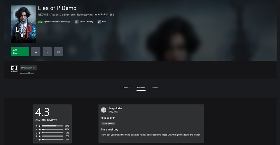 [엑스박스_북미 스토어 기준 데모 평점 4.3점 달성을 달성한 네오위즈의 'P의 거짓' [사진=네오위즈]