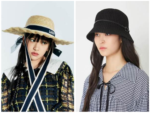 럭키슈에뜨는 다양한 디자인의 라피아햇 상품을 출시했다. 사진은 차례로 ‘물결 라피아 햇’과 ‘엠블럼 라피아 햇’. [사진=코오롱FnC]