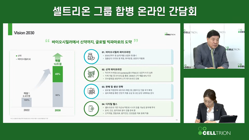 이날 간담회에서는 합병 계획 외에도 셀트리온 그룹의 사업계획인 ‘Vision(비전) 2030’이 발표됐다. [사진=셀트리온 공식 유튜브 영상 캡쳐]
