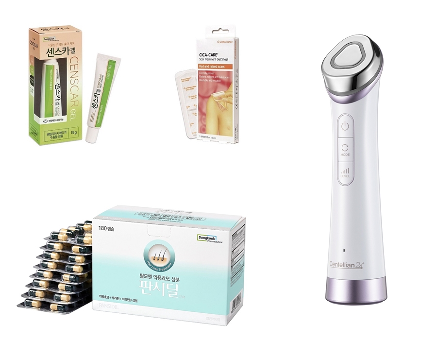 왼쪽 위부터 시계방향으로 센스카겔과 시카케어, 마데카 프라임, 판시딜. [사진=동국제약]