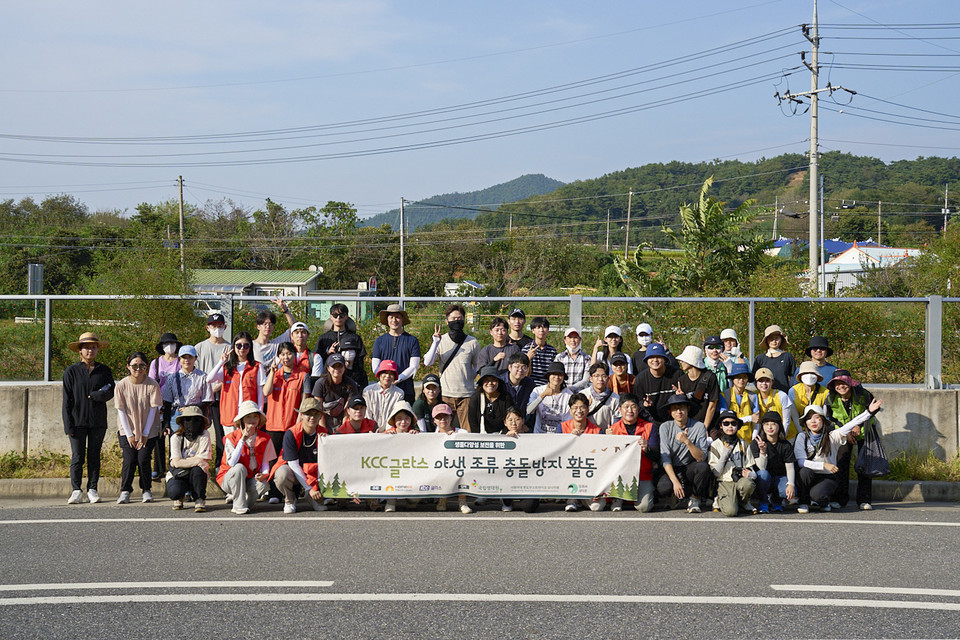 KCC글라스이 야생조류 방음벽 충돌을 방지하기 위한 스티커 부착 봉사활동을 진행했다. [사진=KCC글라스 제공]