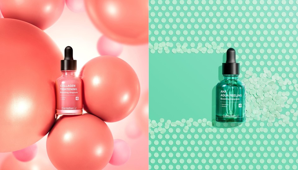 (왼쪽부터) 동국제약 센텔리안24 ‘콜라겐 타이트닝 부스팅 앰플’, ’아하(AHA) 아쿠아 필링 부스팅 앰플’ [사진=동국제약] 