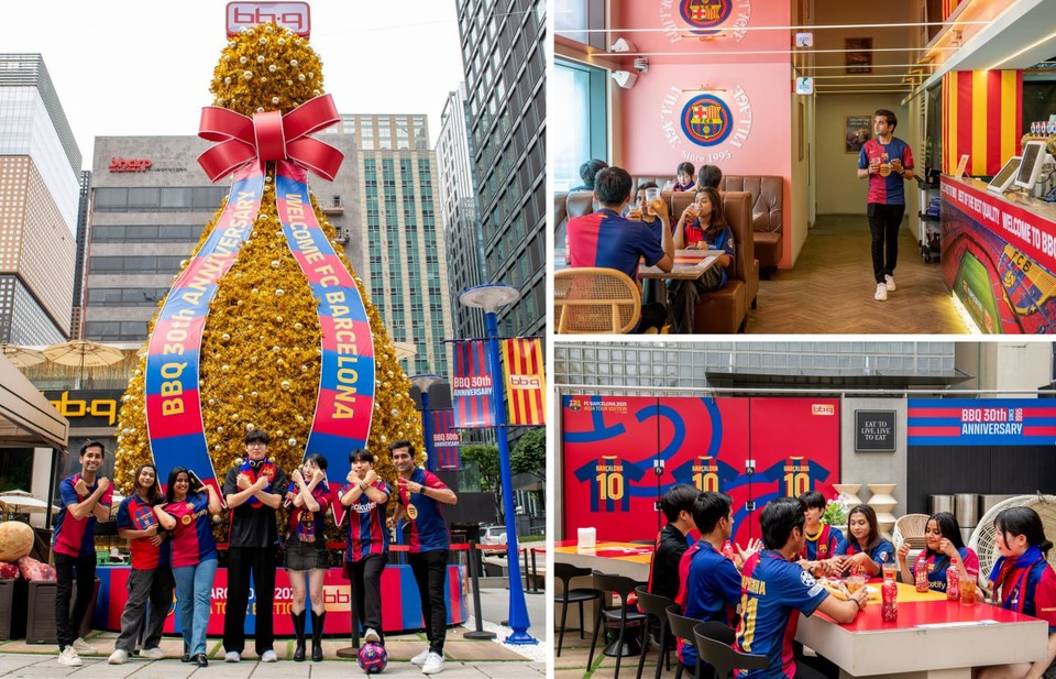 FC 바르셀로나 초청을 기념해 재단장된 초대형 황금올리브치킨 트리와 ‘BBQ  빌리지 청계광장점’에서 BBQ 메뉴를 즐기는 BBQ 친플루언서, 뱀배서더, 충성고객. (사진=제너시스BBQ 제공)