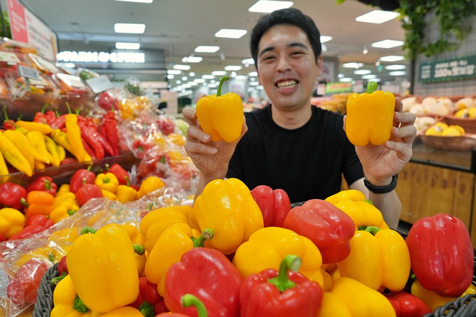 서울시 송파구에 위치한 롯데마트 제타플렉스 잠실점 채소코너에서 상생 파프리카를 홍보하는 장석진 MD의 모습. 롯데마트는 10일부터 12일까지 3일간 '상생 파프리카(개/국산)'를 690원에 판매한다. (사진=롯데마트 제공)