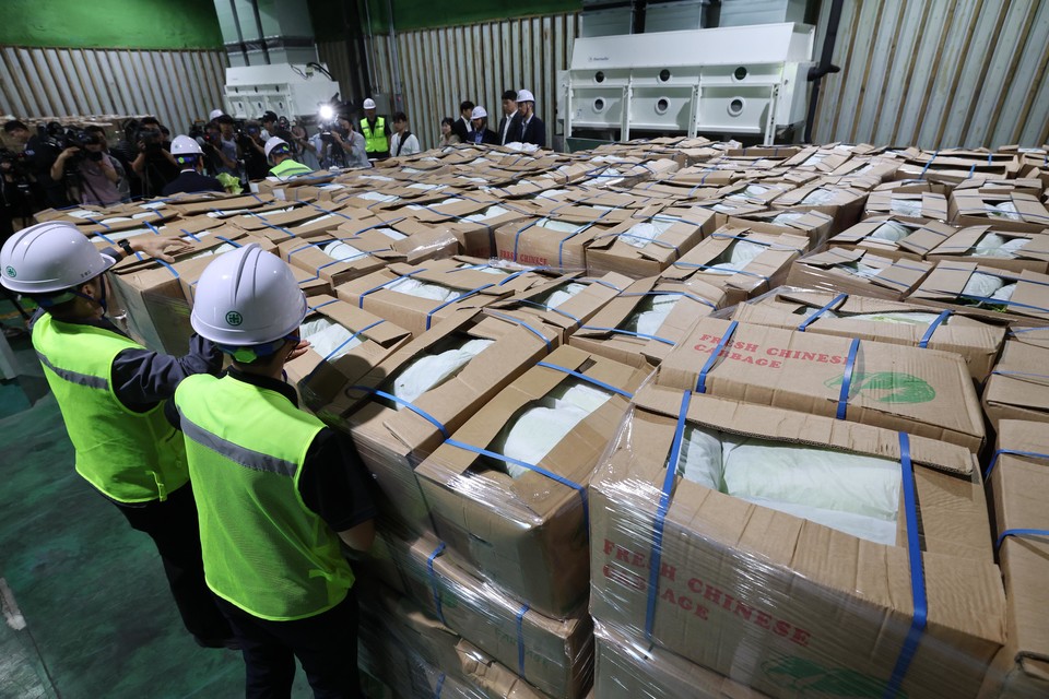 앞으로 창업보육센터에 입주한 벤처·창업기업도 수입식품 등 영업 등록이 가능해진다. 식품의약품안전처는 이런 내용을 담은 '수입식품안전관리 특별법' 시행규칙 개정안을 입법 예고했다고 17일 밝혔다. 사진은 경기도 이천시 대월면 aT 한국농수산식품유통공사 이천비축기지에서 관계자들이 정부가 수급 안정을 위해 중국에서 수입한 배추를 살펴보고 있는 모습. (사진=연합뉴스)